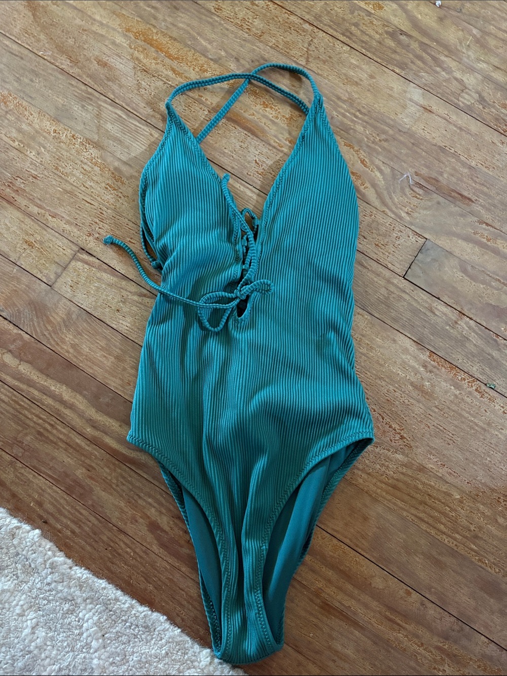Teal Ribbed One-Piece Swimsuit with Front Tie